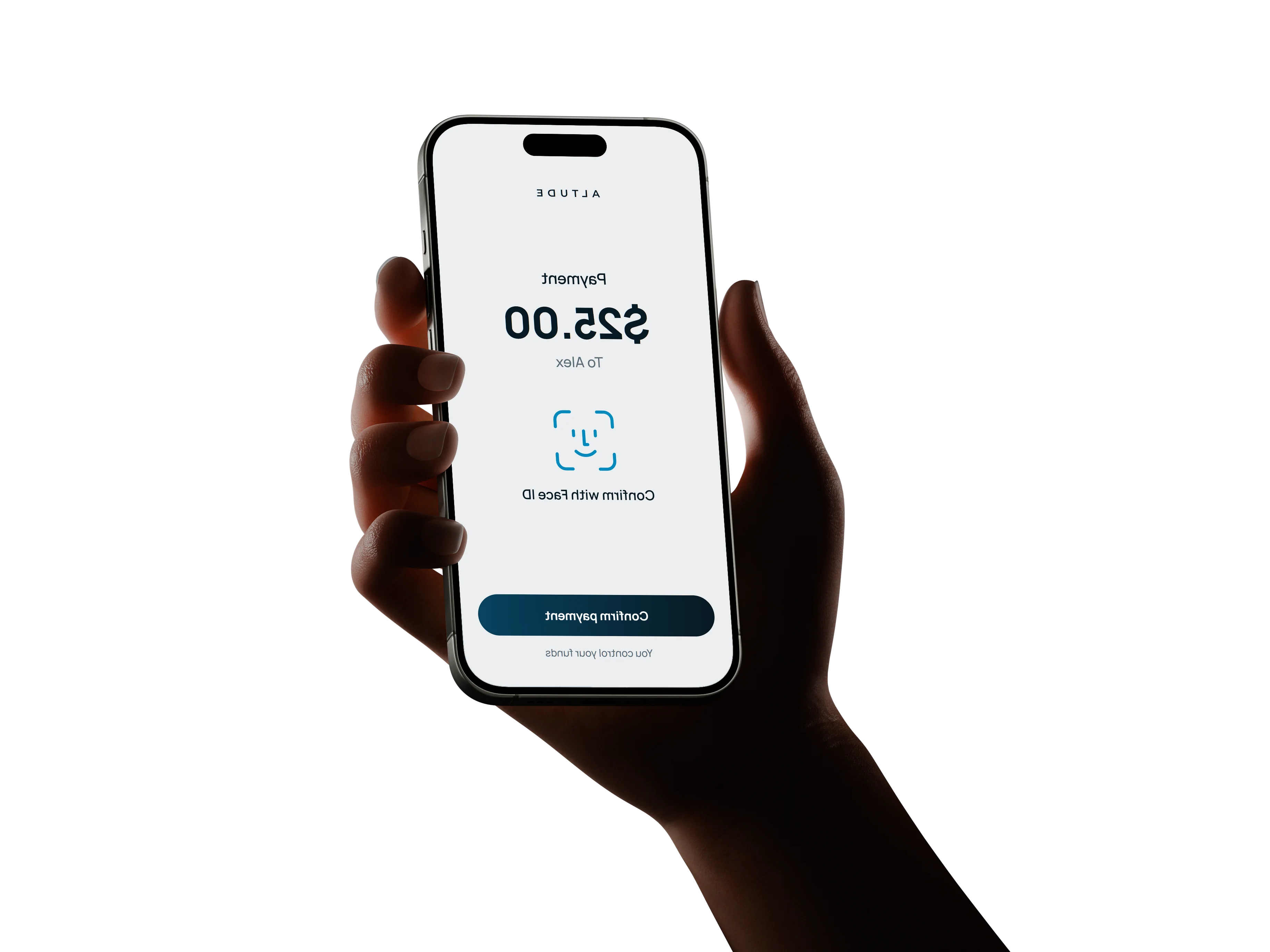 Hand holding iPhone showing an Altude payment of $25.00 to Alex, confirmed with Face ID